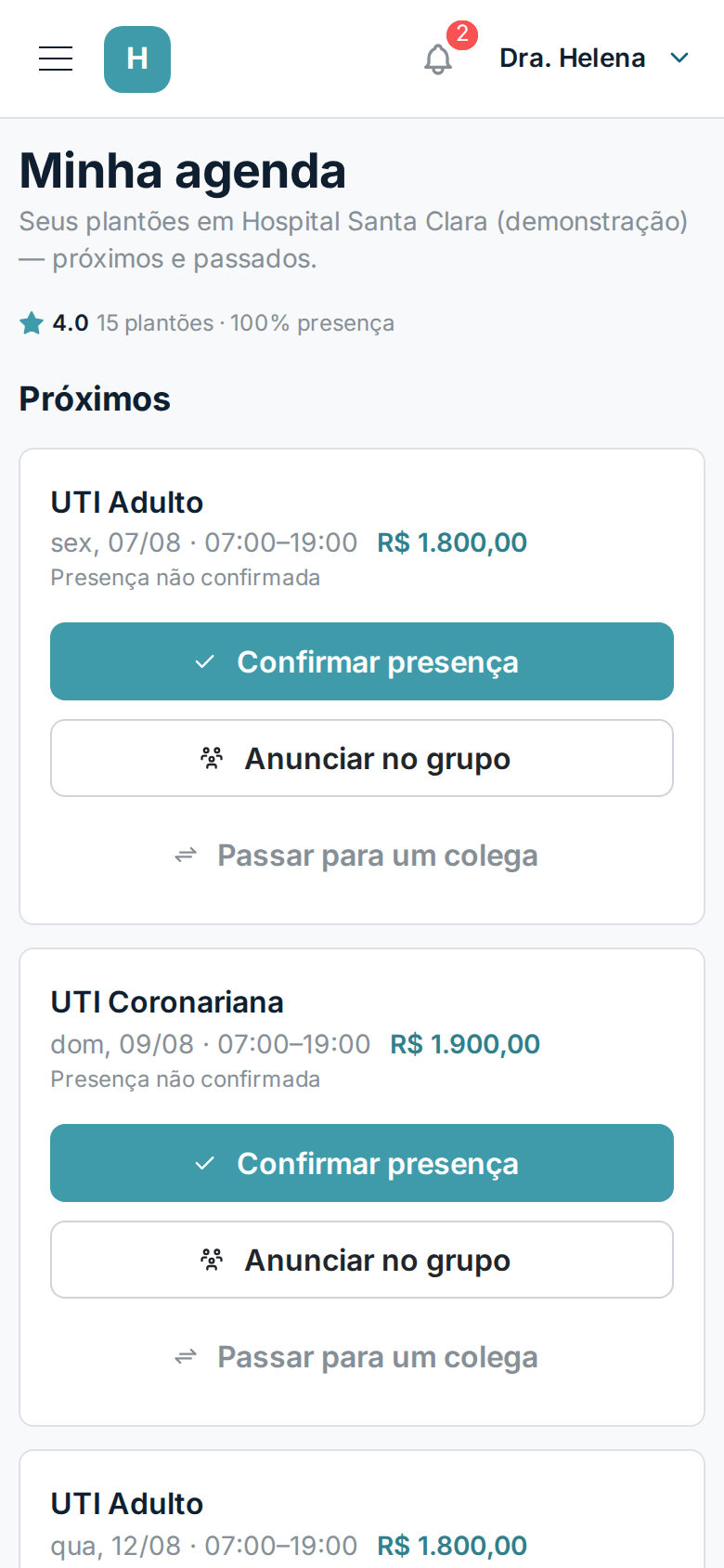 Minha agenda no celular: plantões com valor, botão de confirmar presença e de passar o plantão