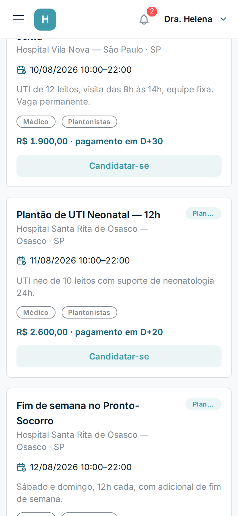 Mural de vagas no celular: plantões de vários hospitais com valor e prazo de pagamento