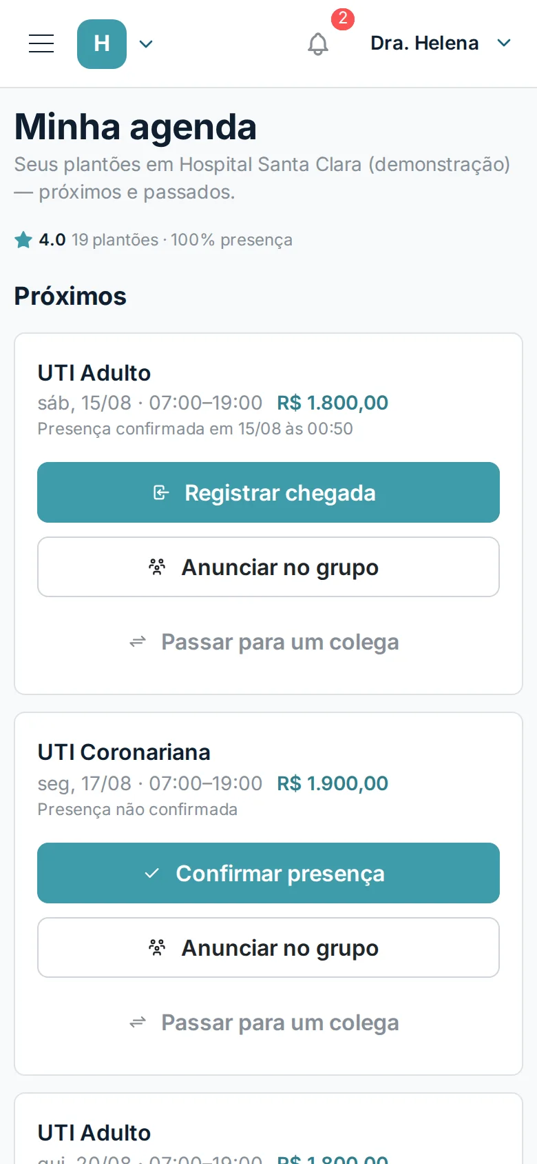 Minha agenda no celular: os plantões do mês com valor, confirmação de presença e a opção de passar para um colega